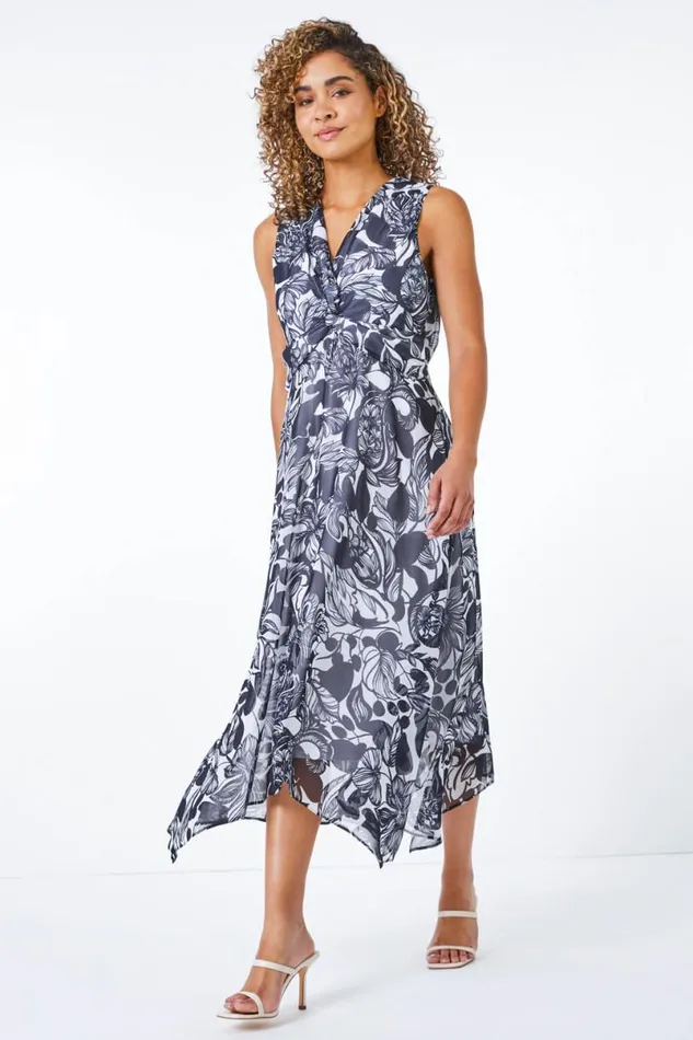 Navy Petite Contrast Floral Print Hanky Hem Dress Women Roman Dresses