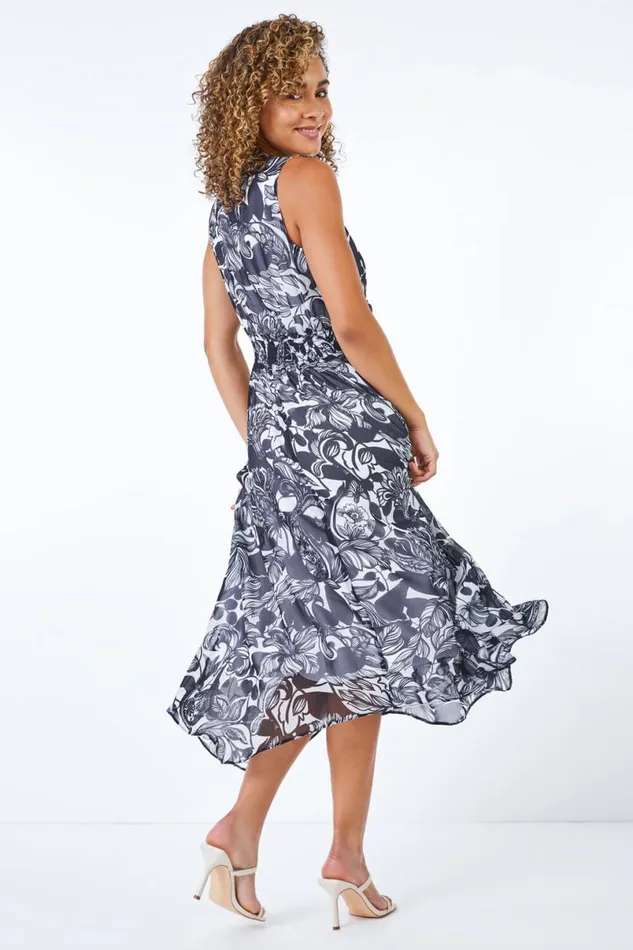 Navy Petite Contrast Floral Print Hanky Hem Dress Women Roman Dresses
