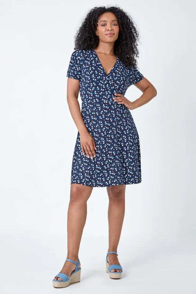 Navy Petite Ditsy Wrap Stretch Dress Women Roman Dresses