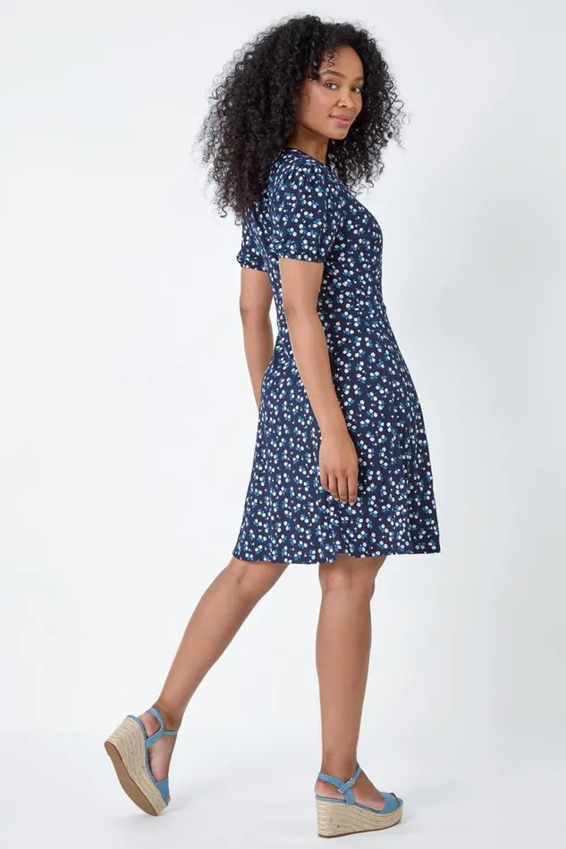 Navy Petite Ditsy Wrap Stretch Dress Women Roman Dresses