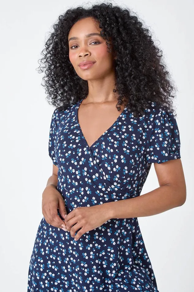 Navy Petite Ditsy Wrap Stretch Dress Women Roman Dresses
