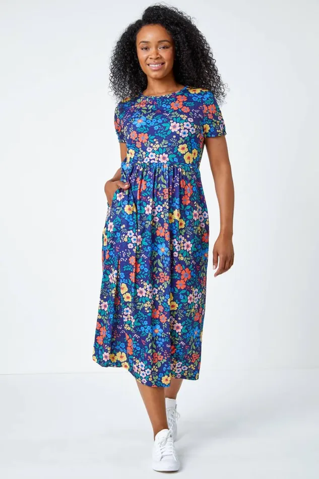 Navy Petite Floral Print Midi Stretch Dress Women Roman Dresses