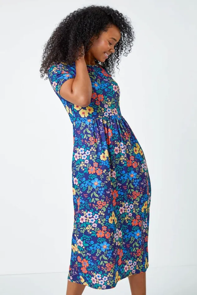 Navy Petite Floral Print Midi Stretch Dress Women Roman Dresses