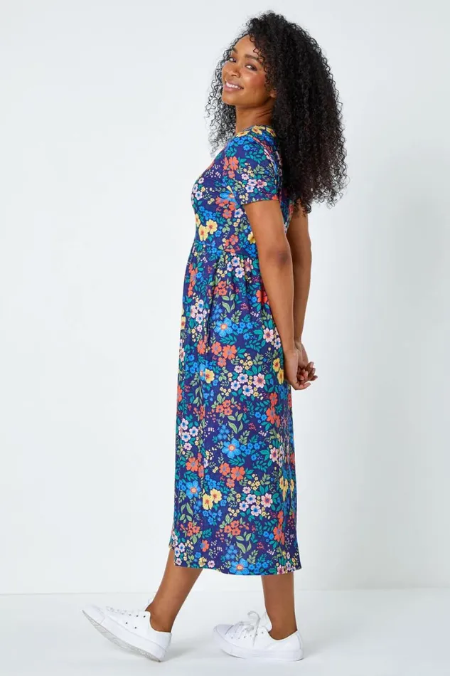 Navy Petite Floral Print Midi Stretch Dress Women Roman Dresses