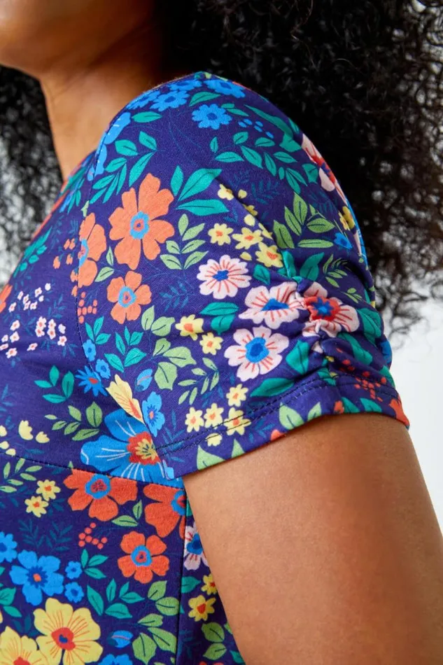 Navy Petite Floral Print Midi Stretch Dress Women Roman Dresses