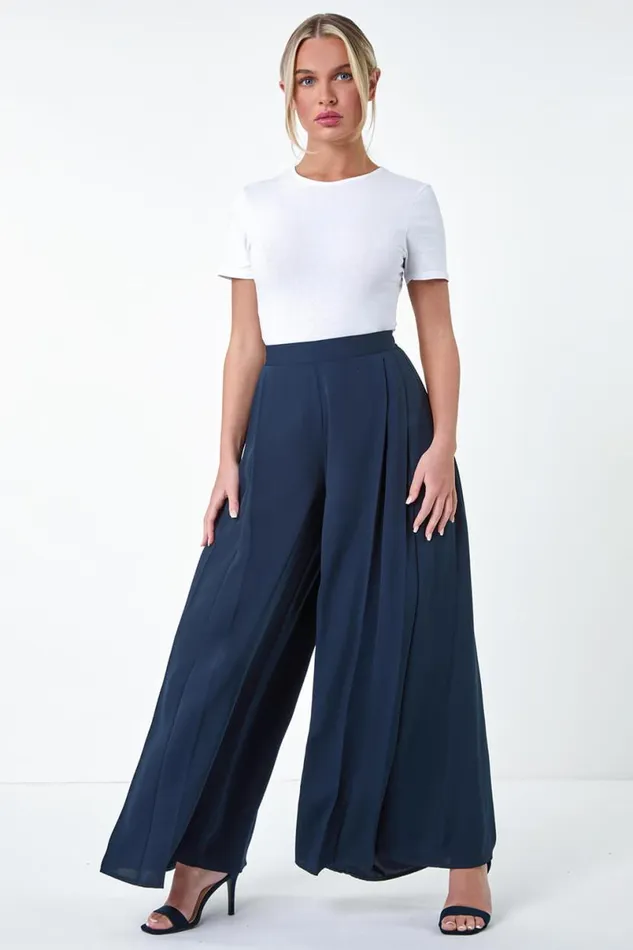 Navy Petite Pleat Side Wide Leg Trousers Women Roman Trousers