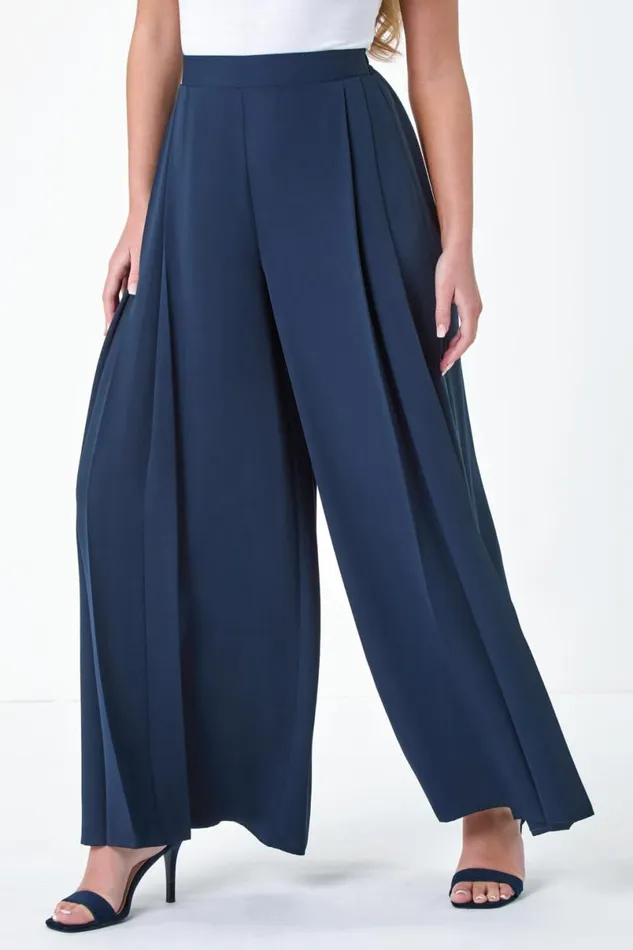 Navy Petite Pleat Side Wide Leg Trousers Women Roman Trousers