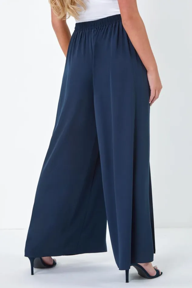 Navy Petite Pleat Side Wide Leg Trousers Women Roman Trousers