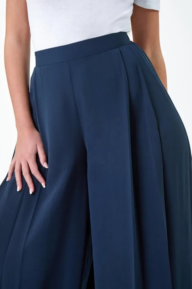 Navy Petite Pleat Side Wide Leg Trousers Women Roman Trousers