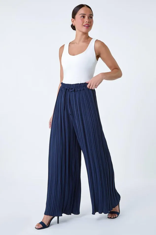 Navy Petite Pleated Elastic Waist Wide Leg Trousers Women Roman Trousers