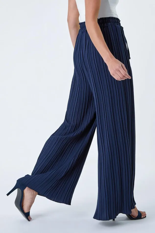 Navy Petite Pleated Elastic Waist Wide Leg Trousers Women Roman Trousers