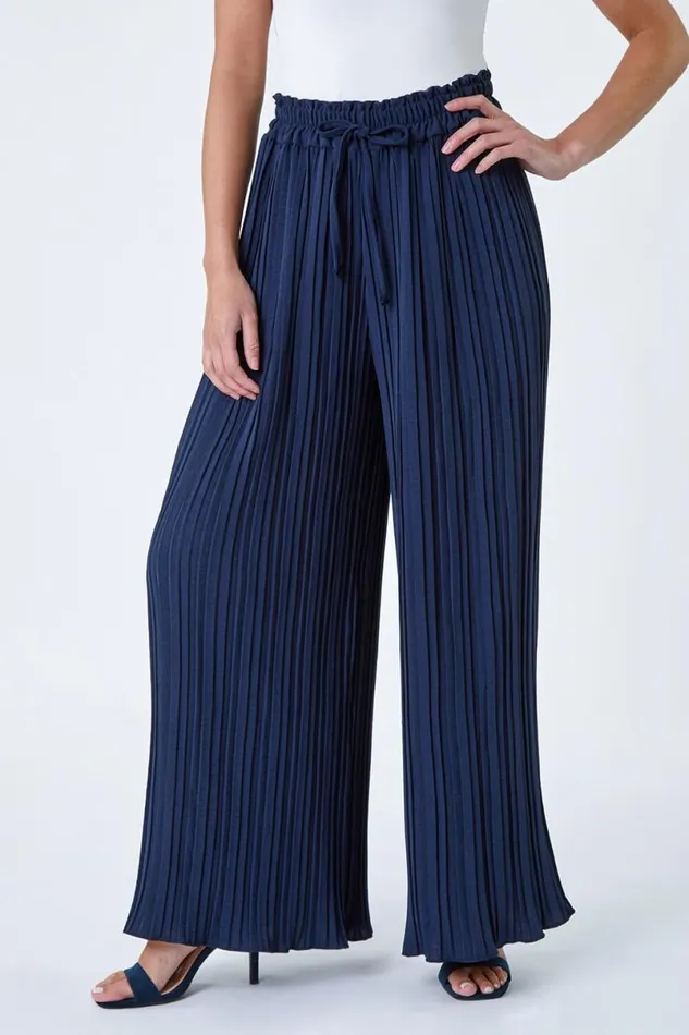 Navy Petite Pleated Elastic Waist Wide Leg Trousers Women Roman Trousers