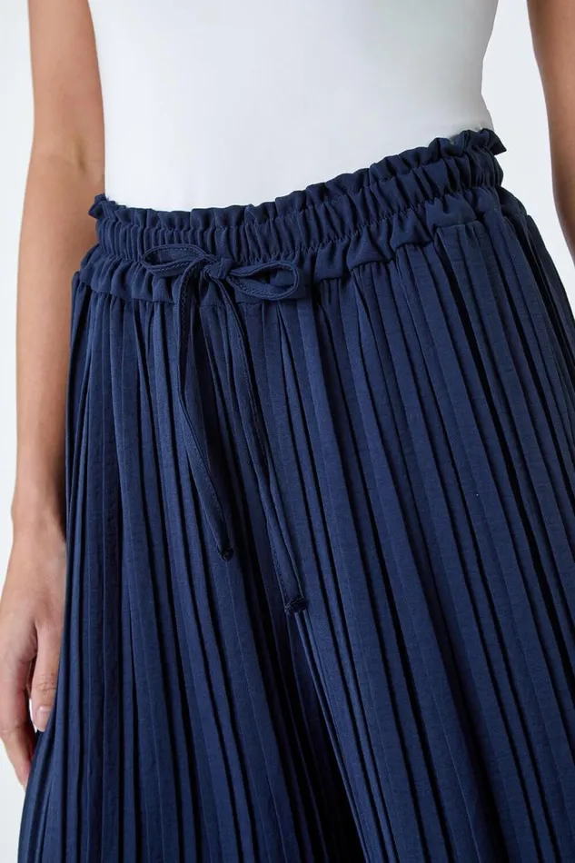 Navy Petite Pleated Elastic Waist Wide Leg Trousers Women Roman Trousers