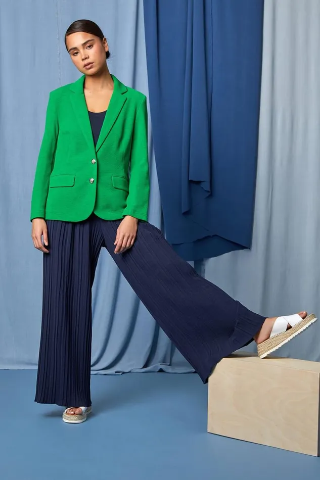 Navy Petite Pleated Elastic Waist Wide Leg Trousers Women Roman Trousers
