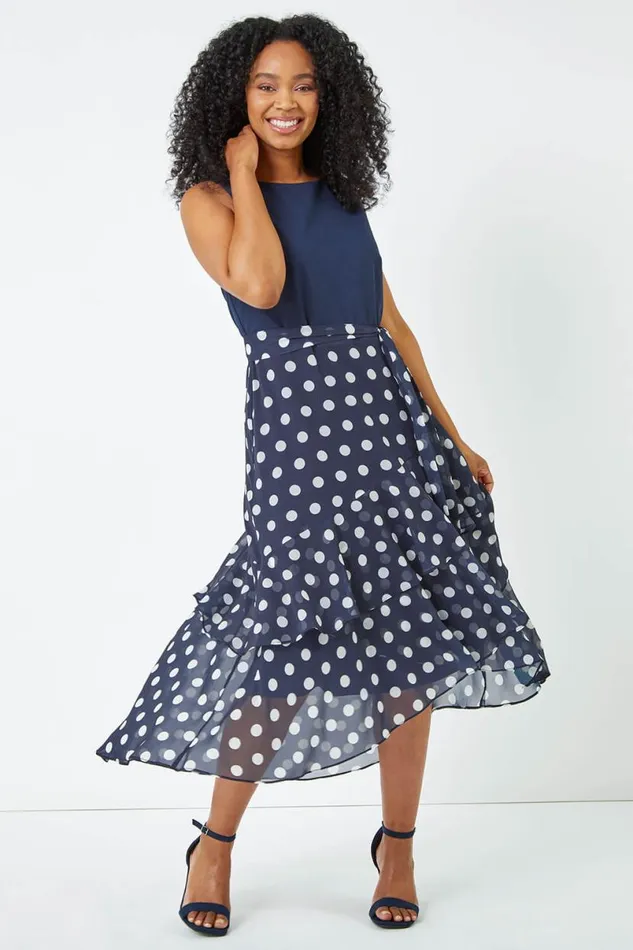 Navy Petite Sleeveless Spot Chiffon Midi Dress Women Roman Dresses