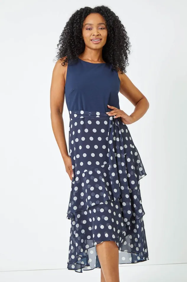 Navy Petite Sleeveless Spot Chiffon Midi Dress Women Roman Dresses