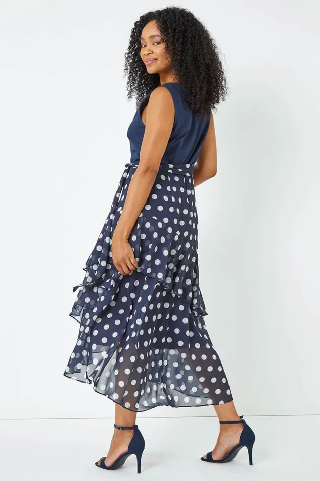 Navy Petite Sleeveless Spot Chiffon Midi Dress Women Roman Dresses