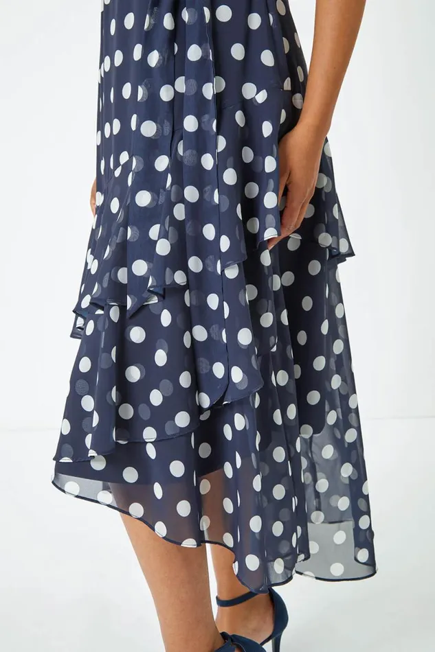Navy Petite Sleeveless Spot Chiffon Midi Dress Women Roman Dresses