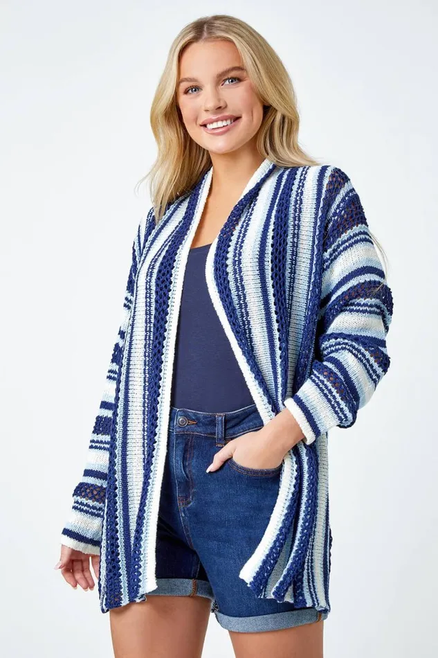 Navy Petite Stripe Longline Knit Cardigan Women Roman Knitwear