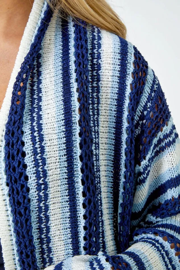 Navy Petite Stripe Longline Knit Cardigan Women Roman Knitwear