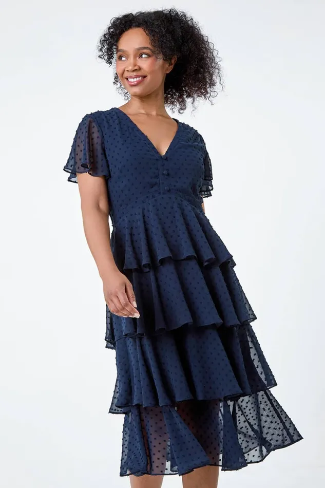 Navy Petite Textured Spot Tiered Midi Dress Women Roman Dresses