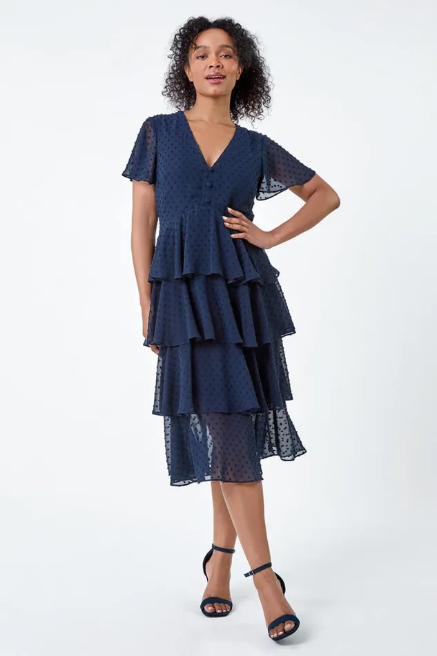 Navy Petite Textured Spot Tiered Midi Dress Women Roman Dresses
