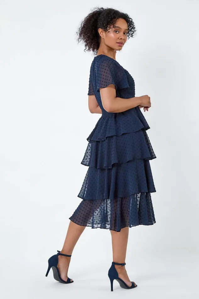Navy Petite Textured Spot Tiered Midi Dress Women Roman Dresses