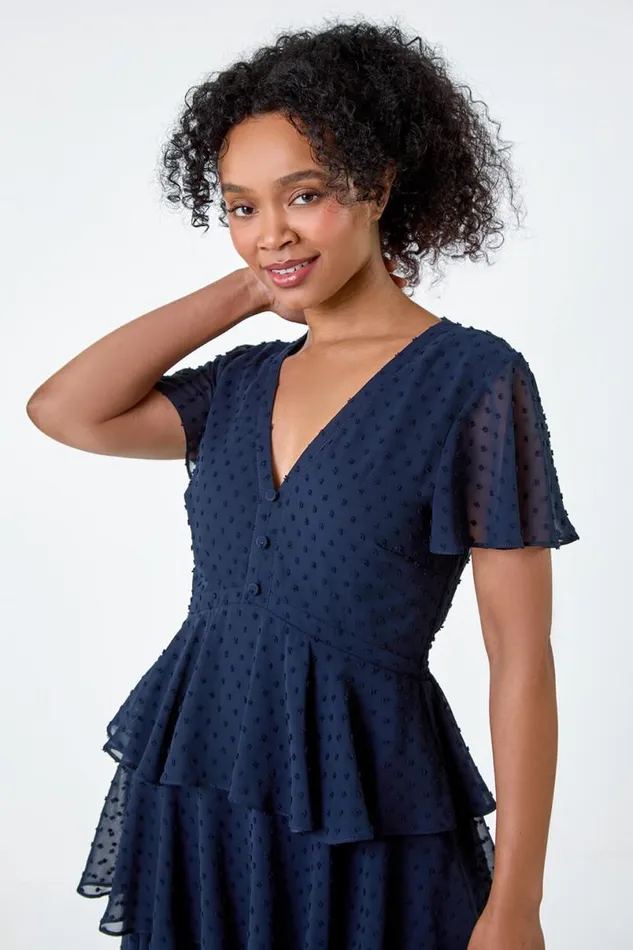 Navy Petite Textured Spot Tiered Midi Dress Women Roman Dresses