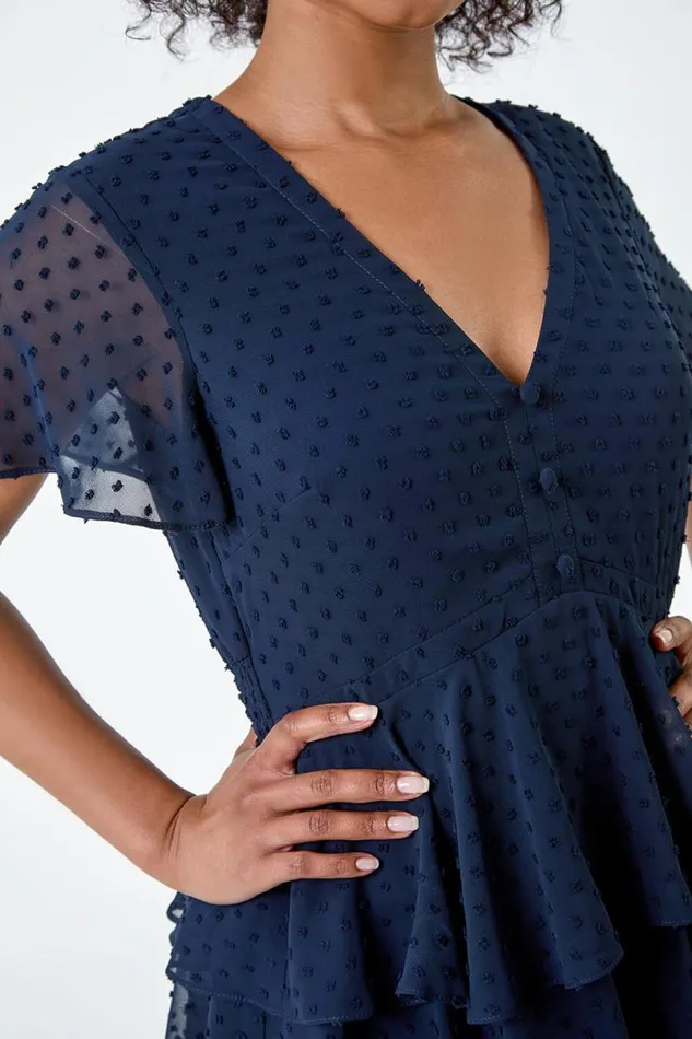 Navy Petite Textured Spot Tiered Midi Dress Women Roman Dresses