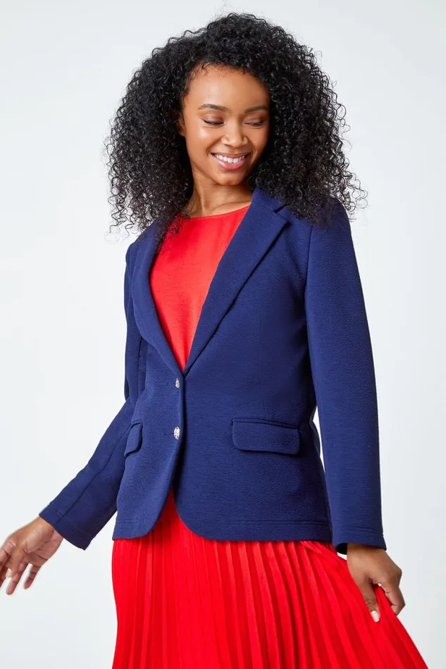 Navy Petite Textured Stretch Blazer Women Roman Jackets