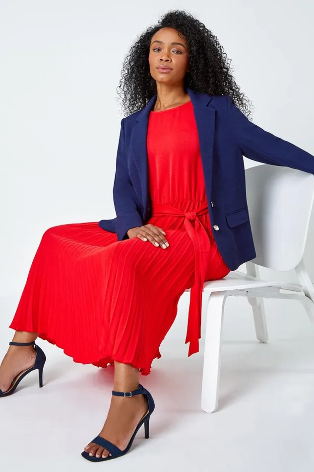 Navy Petite Textured Stretch Blazer Women Roman Jackets