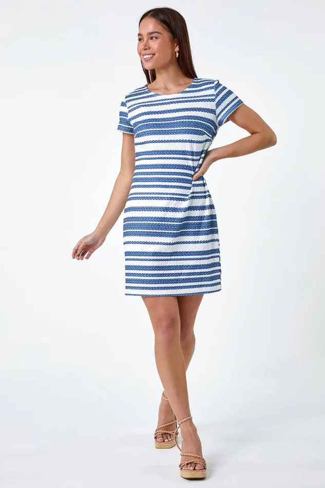 Navy Petite Textured Stripe Dress Women Roman Dresses
