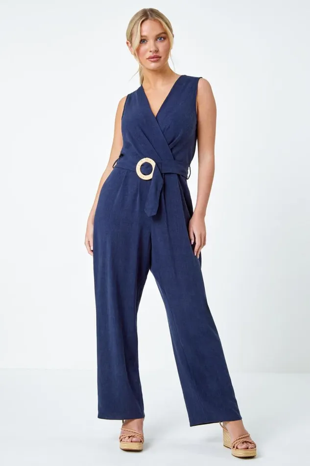 Navy Petite Wide Leg Straw Buckle Jumpsuit Women Roman Dresses