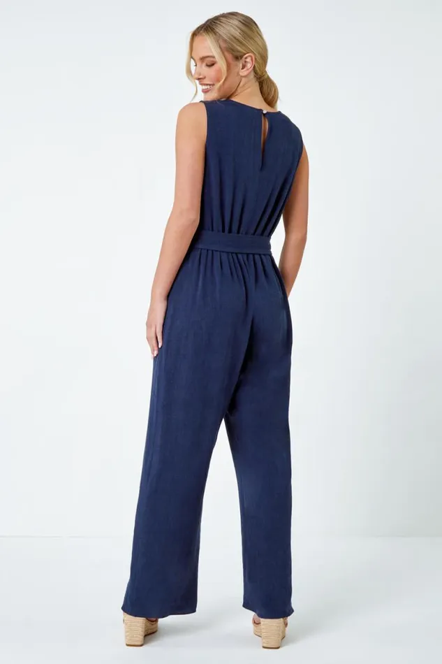 Navy Petite Wide Leg Straw Buckle Jumpsuit Women Roman Dresses