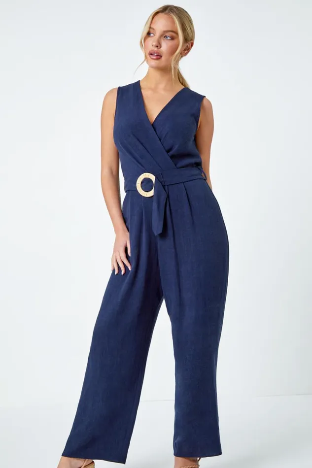 Navy Petite Wide Leg Straw Buckle Jumpsuit Women Roman Dresses