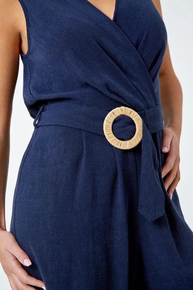 Navy Petite Wide Leg Straw Buckle Jumpsuit Women Roman Dresses