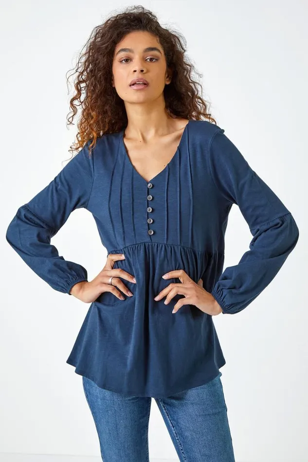 Navy Pleated Smock Tunic Top Women Roman Tops