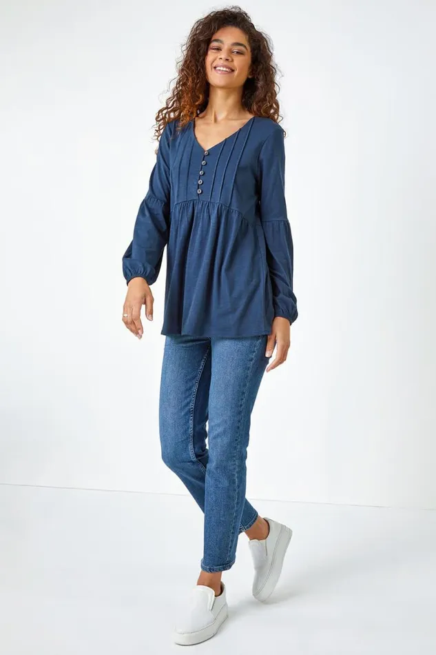 Navy Pleated Smock Tunic Top Women Roman Tops