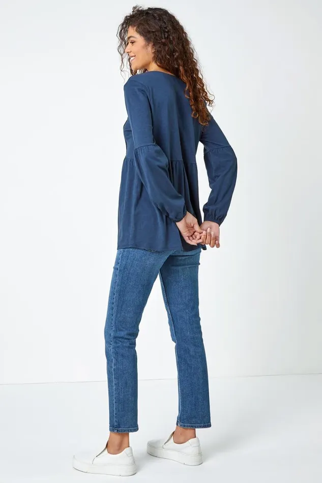 Navy Pleated Smock Tunic Top Women Roman Tops