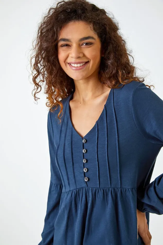 Navy Pleated Smock Tunic Top Women Roman Tops