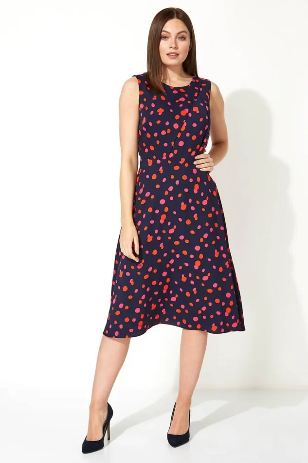Navy Polka Dot Fit And Flare Dress Women Roman Dresses