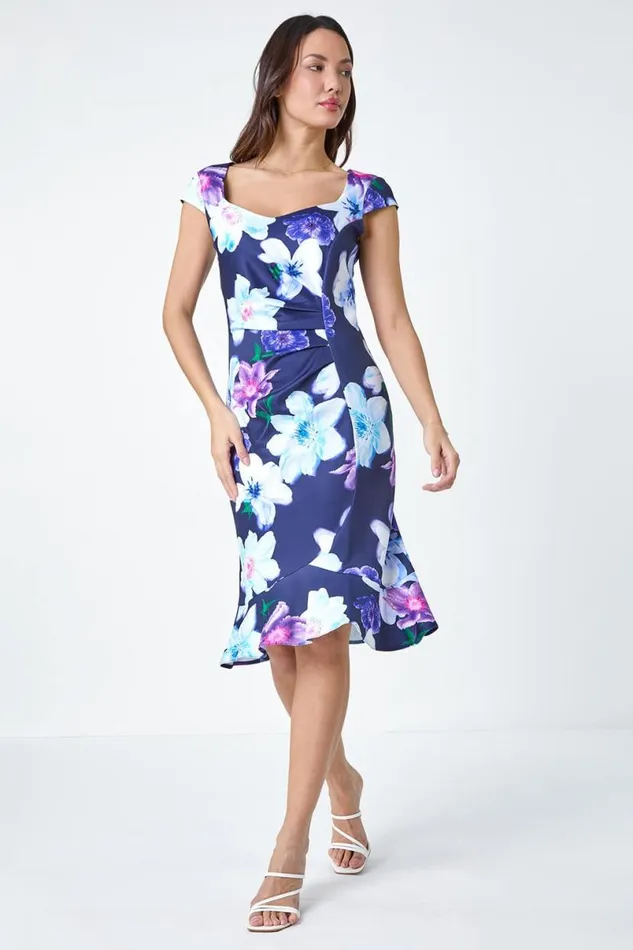 Navy Premium Stretch Floral Ruched Frill Hem Dress Women Roman Dresses