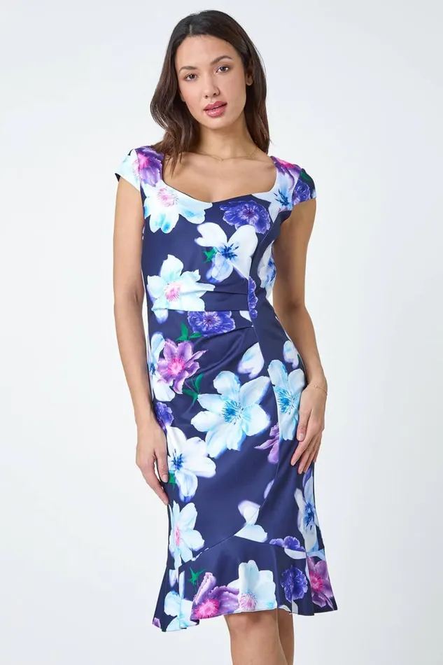 Navy Premium Stretch Floral Ruched Frill Hem Dress Women Roman Dresses