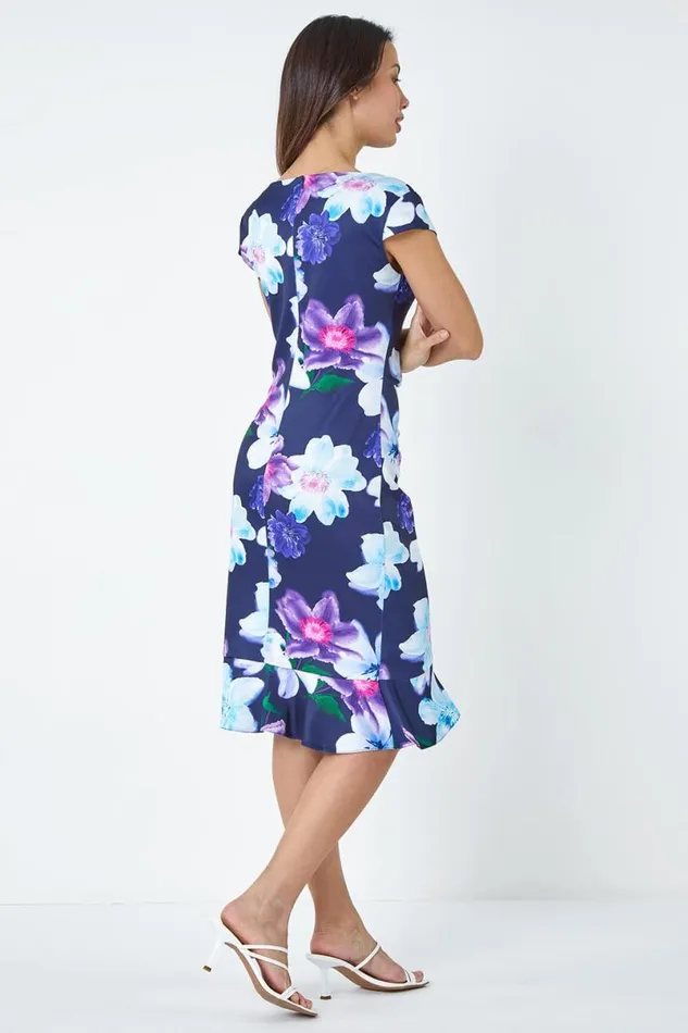 Navy Premium Stretch Floral Ruched Frill Hem Dress Women Roman Dresses