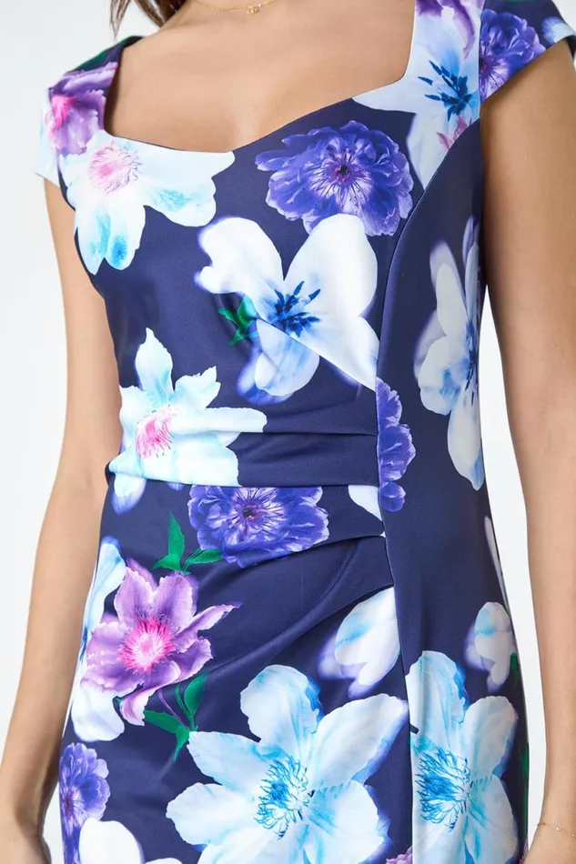 Navy Premium Stretch Floral Ruched Frill Hem Dress Women Roman Dresses