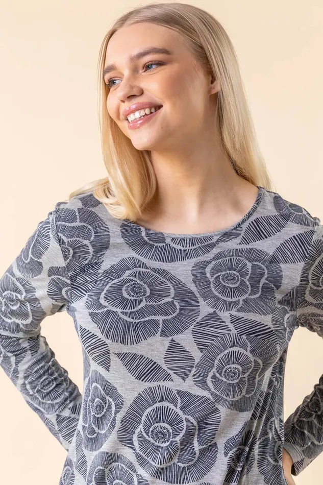 Navy Rose Print Chiffon Hem Top Women Roman Tops