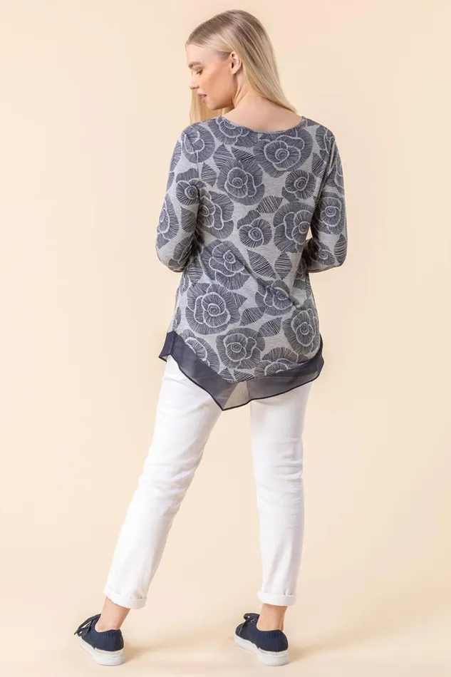 Navy Rose Print Chiffon Hem Top Women Roman Tops