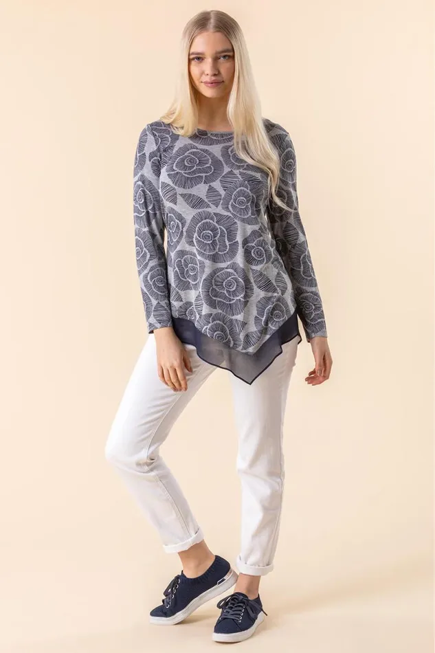 Navy Rose Print Chiffon Hem Top Women Roman Tops