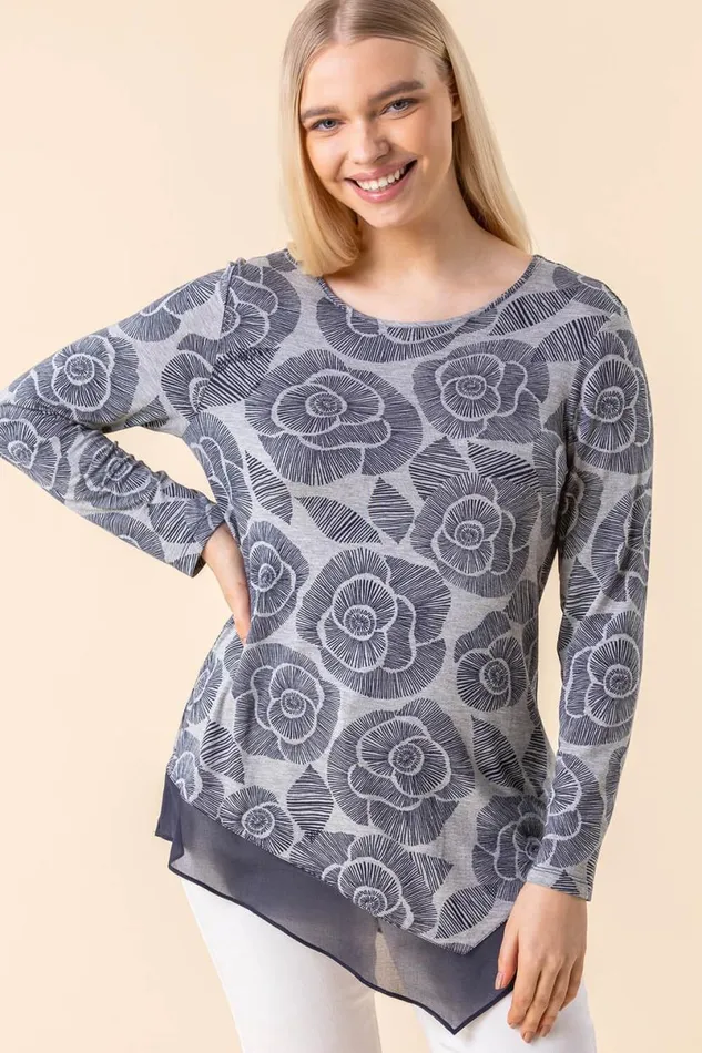 Navy Rose Print Chiffon Hem Top Women Roman Tops