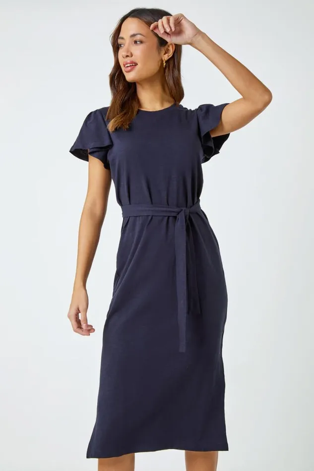 Navy Ruffle Sleeve Belted Cotton Midi Dress Women Roman Dresses